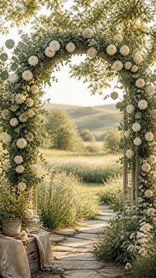 an arch of white roses and eucalyptus in soft morning light, elegant vertical composition with open space, no text