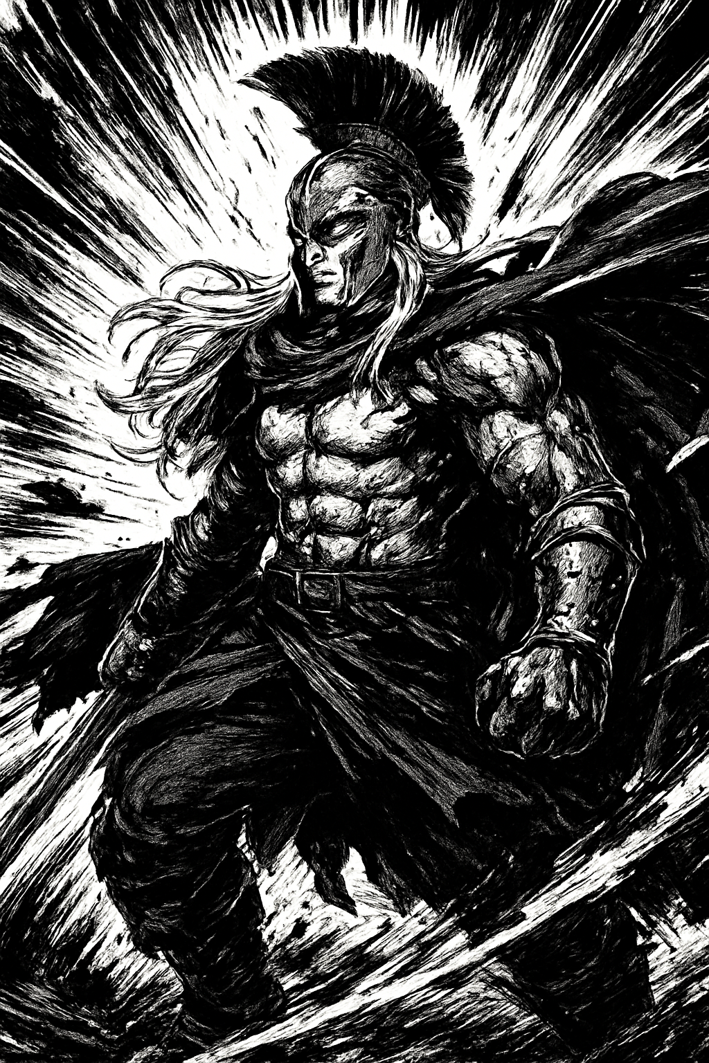 a black and white drawing of a warrior