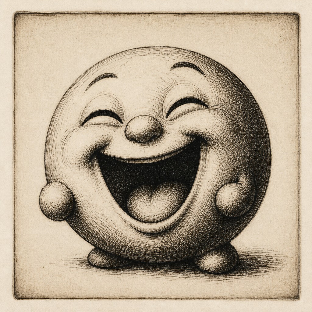 an exaggerated laughing face of an original round mascot character, bold and readable at small size, plain background, no text