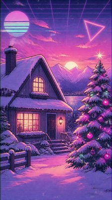 a snow-covered cottage with warm glowing windows beside a decorated pine tree, gentle snowfall, no text