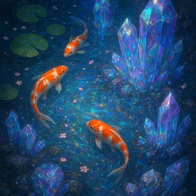 A koi pond seen from above, orange and white koi fish swimming among lily pads, clear water with subtle ripples, fallen cherry blossom petals floating on the surface, dappled sunlight