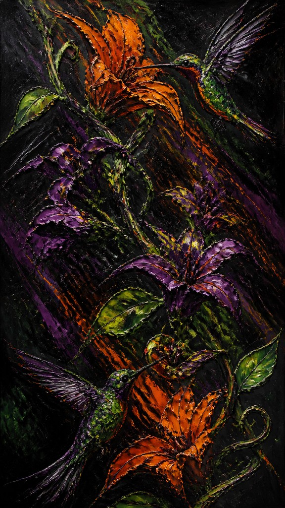 a climbing vine of flowers and hummingbirds on a dark background, tall wrapping composition, no text