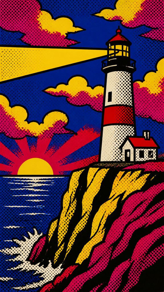 a lone lighthouse on a cliff at dusk under a dramatic sky, no text or lettering