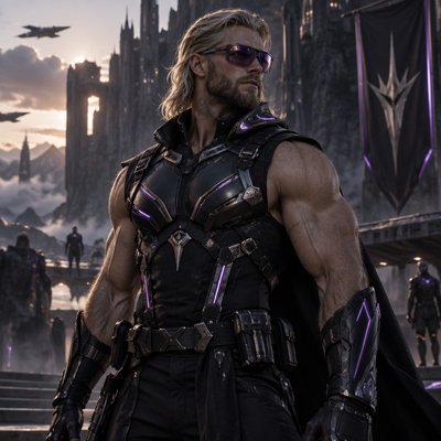 Je veux que tu me fasses un guerrier, tres modern avec une armure moderne genre full noir argente violet sans manche in voit ses muscle et il a une barbe et des cheveux long en arriere il est hot et un peu poilu pour le realisme il est blond et a des lunette futuristes 
