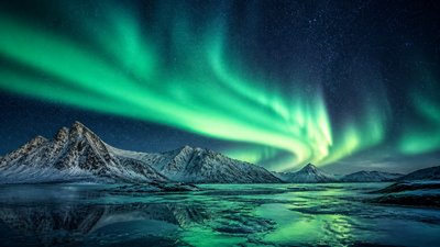 a flowing aurora over snowy peaks, wide sweeping composition, no people, no text