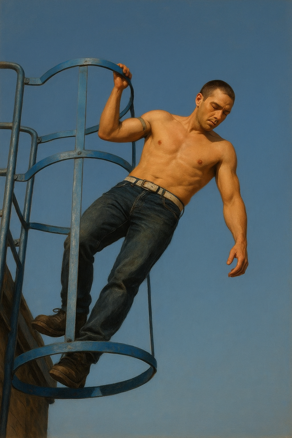 a shirtless man climbing a metal structure