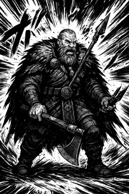 a black and white drawing of a man with an axe