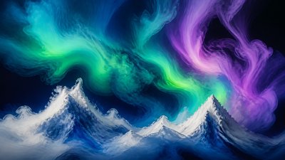 a flowing aurora over snowy peaks, wide sweeping composition, no people, no text