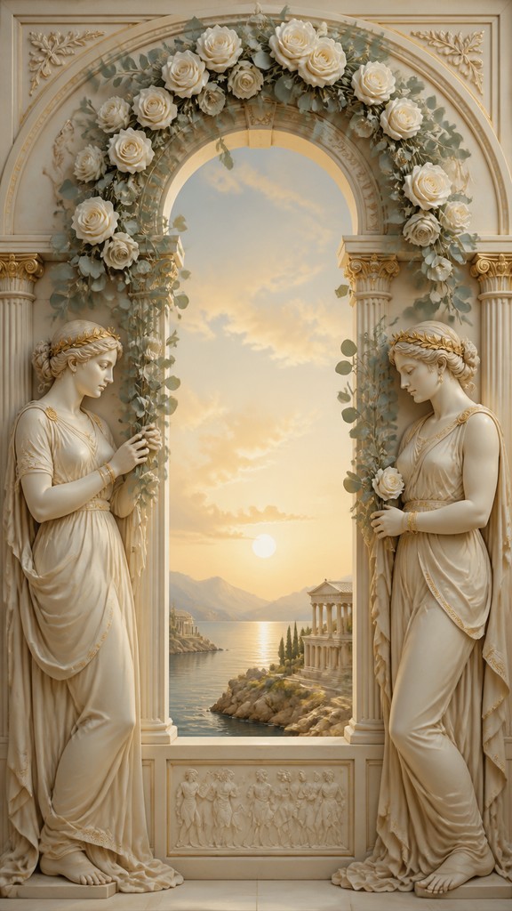 an arch of white roses and eucalyptus in soft morning light, elegant vertical composition with open space, no text