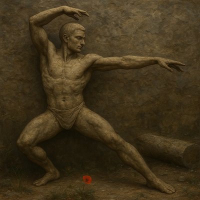 a painting of a man standing in front of a wall