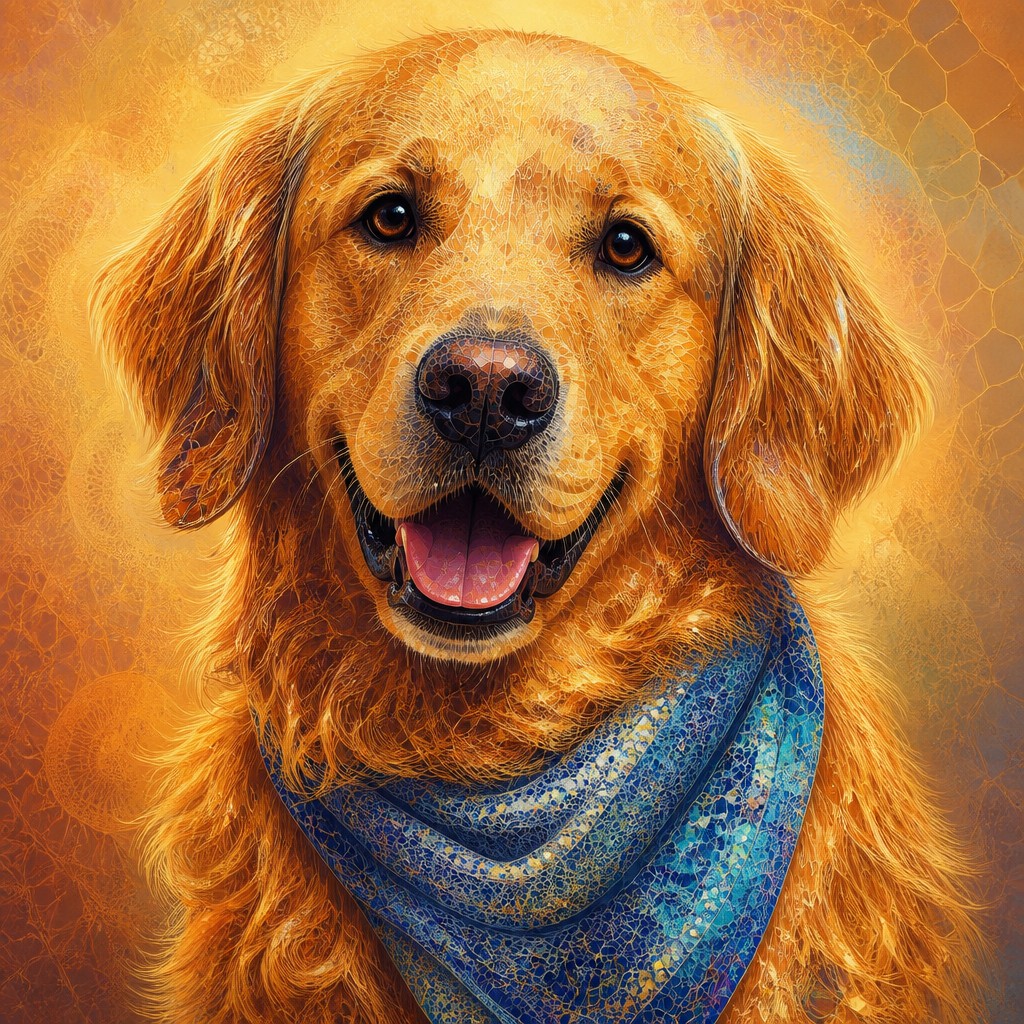 portrait of a golden retriever wearing a blue bandana, warm plain backdrop, no text