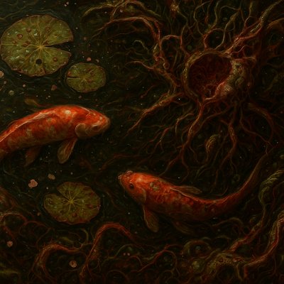 A koi pond seen from above, orange and white koi fish swimming among lily pads, clear water with subtle ripples, fallen cherry blossom petals floating on the surface, dappled sunlight