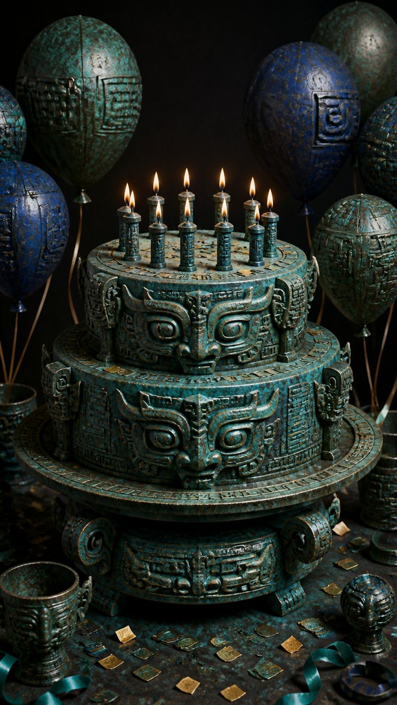 a birthday cake with lit candles surrounded by balloons and confetti, festive vertical composition, no text