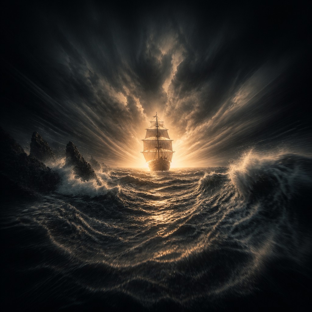 sailing ship on a stormy sea — Single Focal Point Art Style