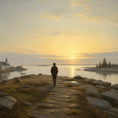 a solitary figure walking toward a glowing horizon across an empty plain, moody atmosphere, no text or lettering
