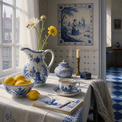 still life with everyday objects — Delft Blue Art Style