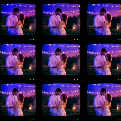 an original couple dancing under string lights in a garden at dusk: a man with short black hair in a linen shirt and a woman with braided red hair in a summer dress