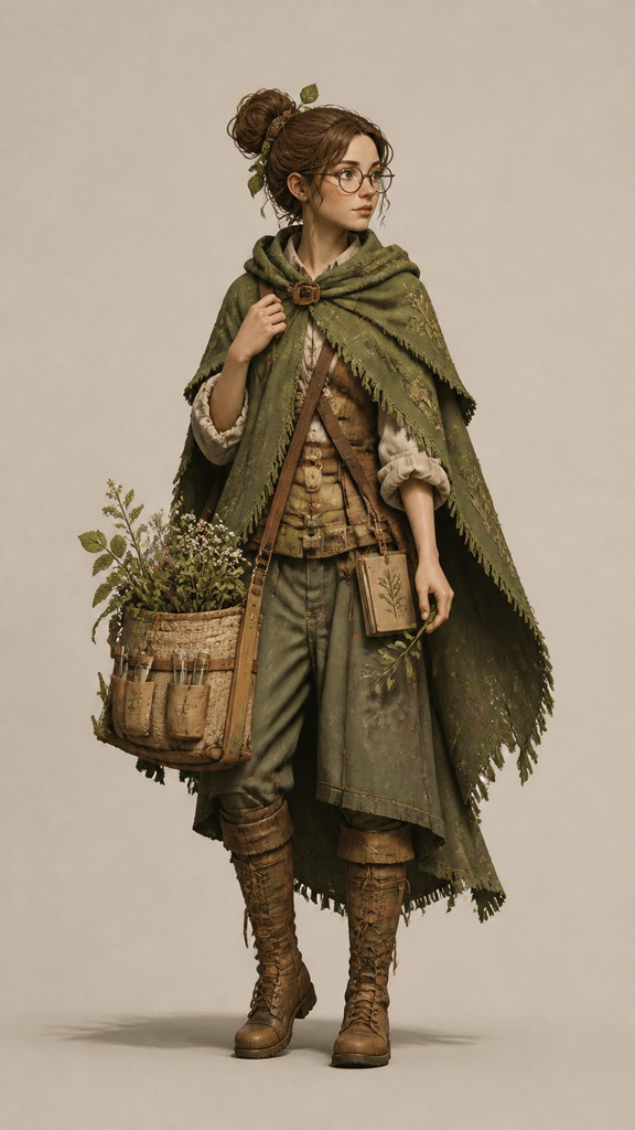 full-body original character: a wandering botanist with a satchel of plants, a patched green cloak, tall boots and round glasses, neutral background