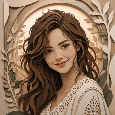 head-and-shoulders portrait of an original character: a young woman with wavy chestnut hair and a warm smile, plain soft backdrop