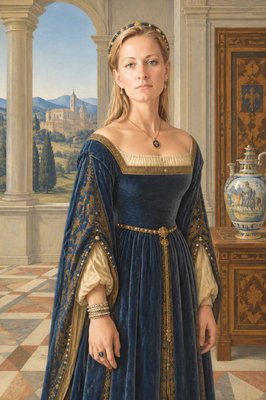 a painting of a woman in a blue dress
