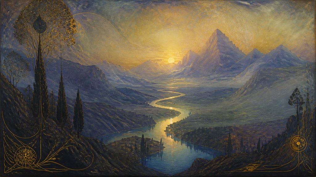 a vast valley with a river winding toward distant mountains at sunrise, no people, no text