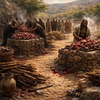 “Let them therefore give us two bullocks; and let them choose one bullock for themselves, and cut it in pieces, and lay it on wood, and put no fire under: and I will dress the other bullock, and lay it on wood, and put no fire under:” (1 Kings 18:23, KJV)
