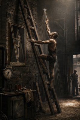 a man climbing up a ladder in a warehouse