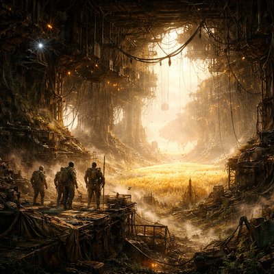 A cinematic oil painting of the 'harvest of reward.' Glowing silhouettes of souls gathered in celestial halls made of clouds and amber light. In the distance, a metaphorical field of golden wheat representing the harvest. Warm, glowing color palette: burnt orange, gold leaf, and deep mahogany. Soft brushwork, divine and majestic atmosphere.