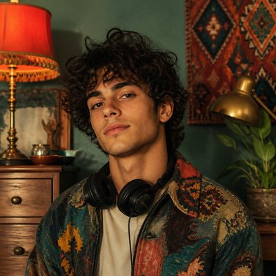 head-and-shoulders portrait of an original character: a young man with curly dark hair and headphones around his neck, plain backdrop, no text