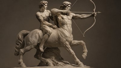 greek mythology scene of ignudi Achilles riding Chiron who shoots an arrow with his bow