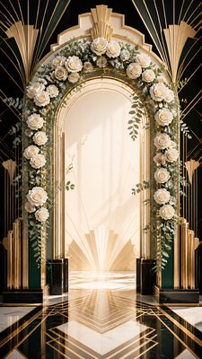 an arch of white roses and eucalyptus in soft morning light, elegant vertical composition with open space, no text