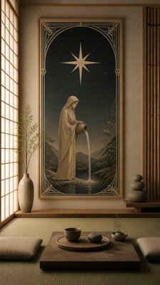 a robed figure pouring water beneath a large eight-pointed star in a night sky, symmetrical composition with an ornate decorative border, no text