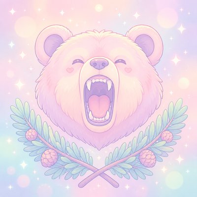 a roaring bear head above crossed pine branches, bold graphic composition on a plain background, no text