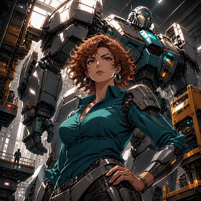 portrait of an original character: a middle-aged woman with curly auburn hair, hazel eyes, silver hoop earrings and a teal blouse