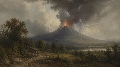 an erupting volcano with lightning strikes, dramatic wide composition, no text