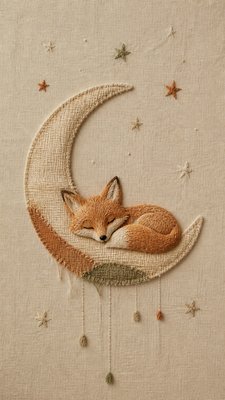 a sleeping baby fox curled on a crescent moon among soft stars, gentle and warm, no text