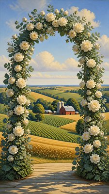 an arch of white roses and eucalyptus in soft morning light, elegant vertical composition with open space, no text