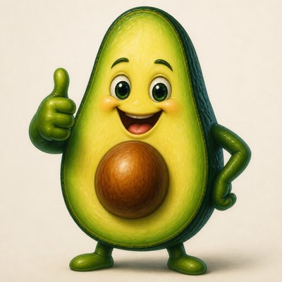 a happy avocado character giving a thumbs up, bold readable design on a plain background, no text