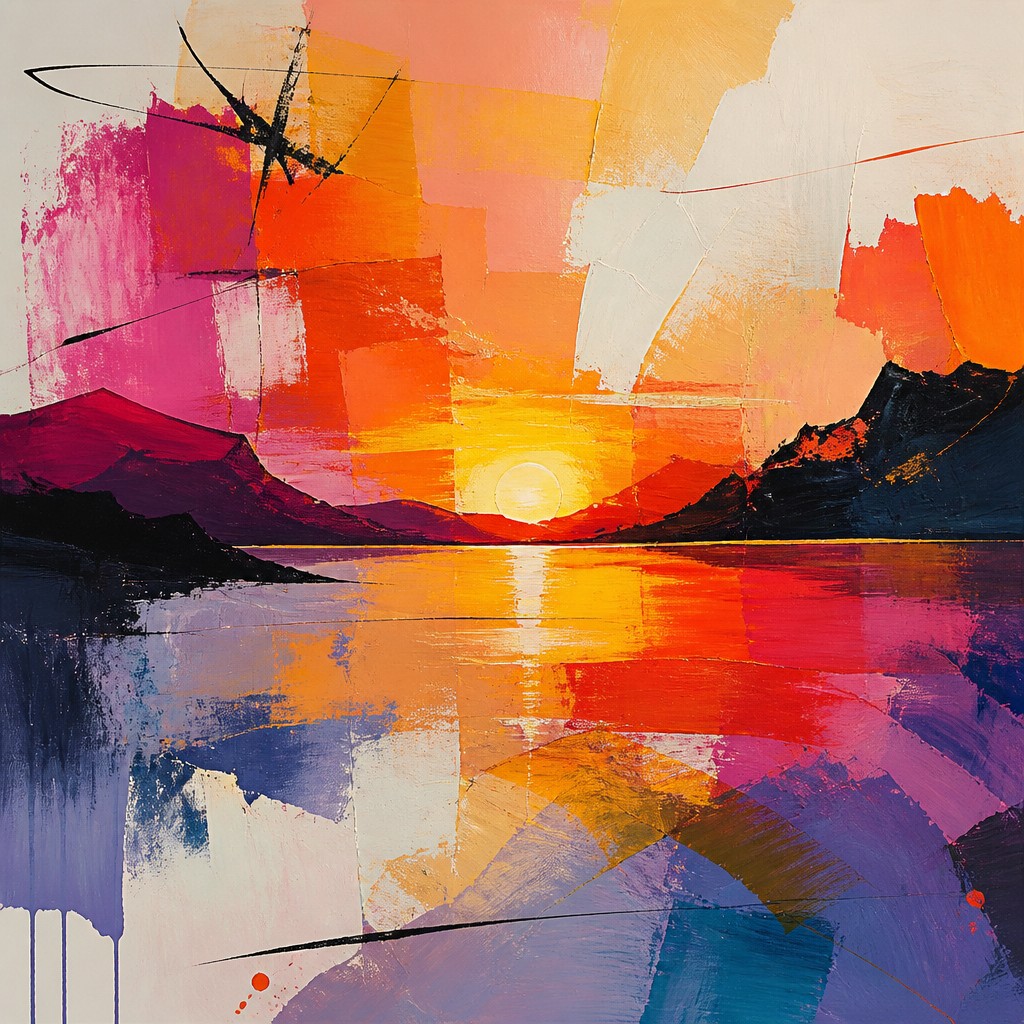 a dramatic sunset over calm water with silhouetted hills