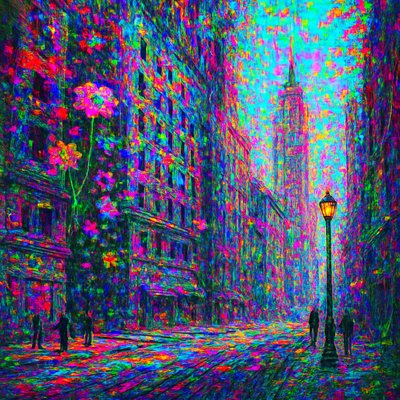 a painting of a city street at night