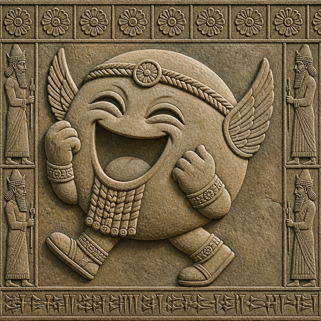 an exaggerated laughing face of an original round mascot character, bold and readable at small size, plain background, no text