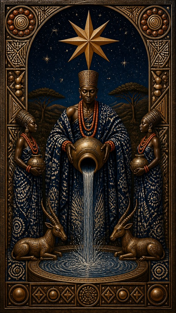 a robed figure pouring water beneath a large eight-pointed star in a night sky, symmetrical composition with an ornate decorative border, no text