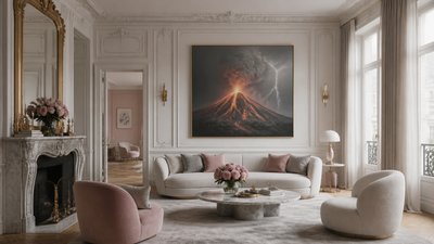 an erupting volcano with lightning strikes, dramatic wide composition, no text