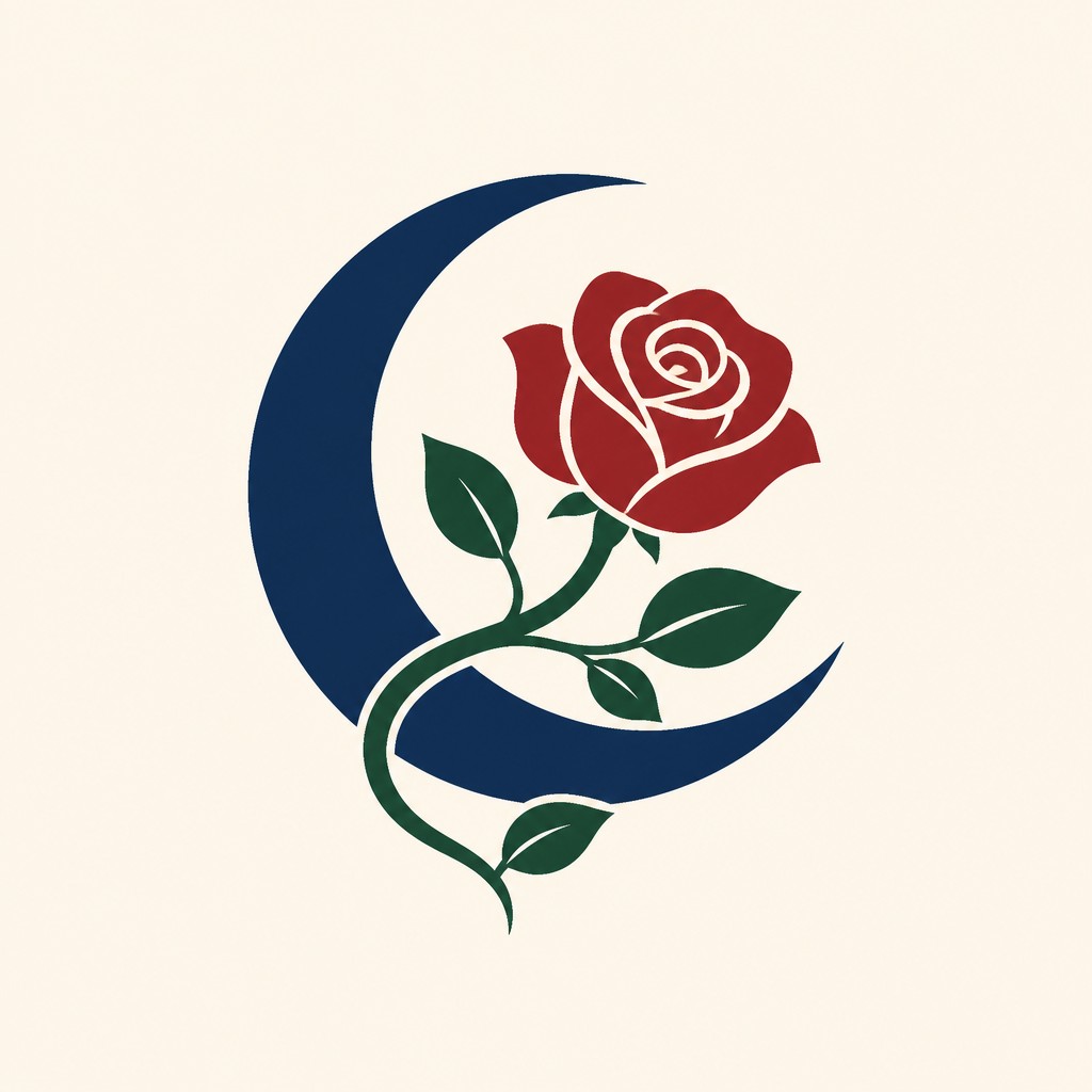 a rose entwined with a crescent moon, clean balanced composition on a plain background, no text