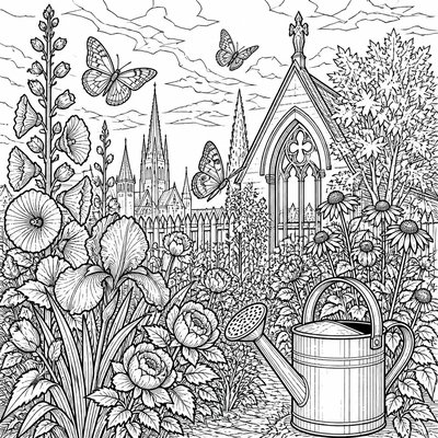 a garden scene with butterflies, flowers and a watering can, clean uncolored line art, no text