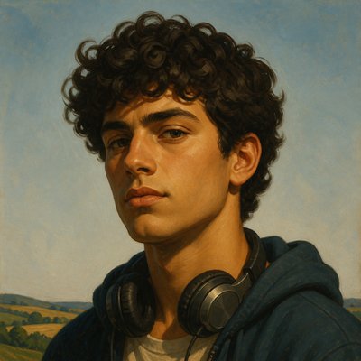 head-and-shoulders portrait of an original character: a young man with curly dark hair and headphones around his neck, plain backdrop, no text