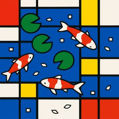 A koi pond seen from above, orange and white koi fish swimming among lily pads, clear water with subtle ripples, fallen cherry blossom petals floating on the surface, dappled sunlight