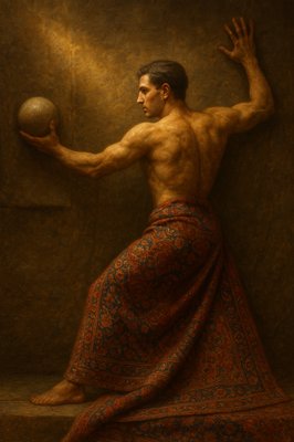 a painting of a man holding a ball