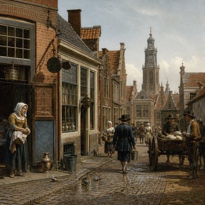 urban street with city activity — Leiden Art Style