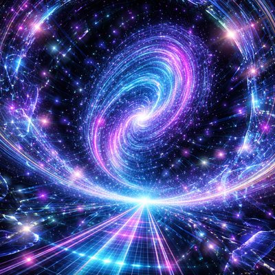 Neon-Futurism Digital Art Style, Bioluminescent Sci-Fi Cosmic Setting. A wide-angle "fisheye" view of the infinite cosmos. In the center, a massive, swirling nebula shaped like a celestial thumbprint, glowing with electric cyan and deep violet. Thousands of pinprick stars are being pulled toward the center of the thumbprint, creating a visual sense of gravitational attraction. The light-grid highway from previous scenes is visible at the very bottom, leading the eye directly into the heart of the cosmic swirl.